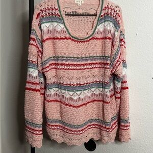POL Pink and Red Crew Neck Sweater with Fair Isle Pattern